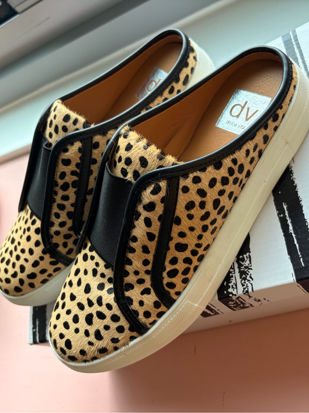 Dolce Vita Leopard Print Tan and Black Slip-On Sneakers